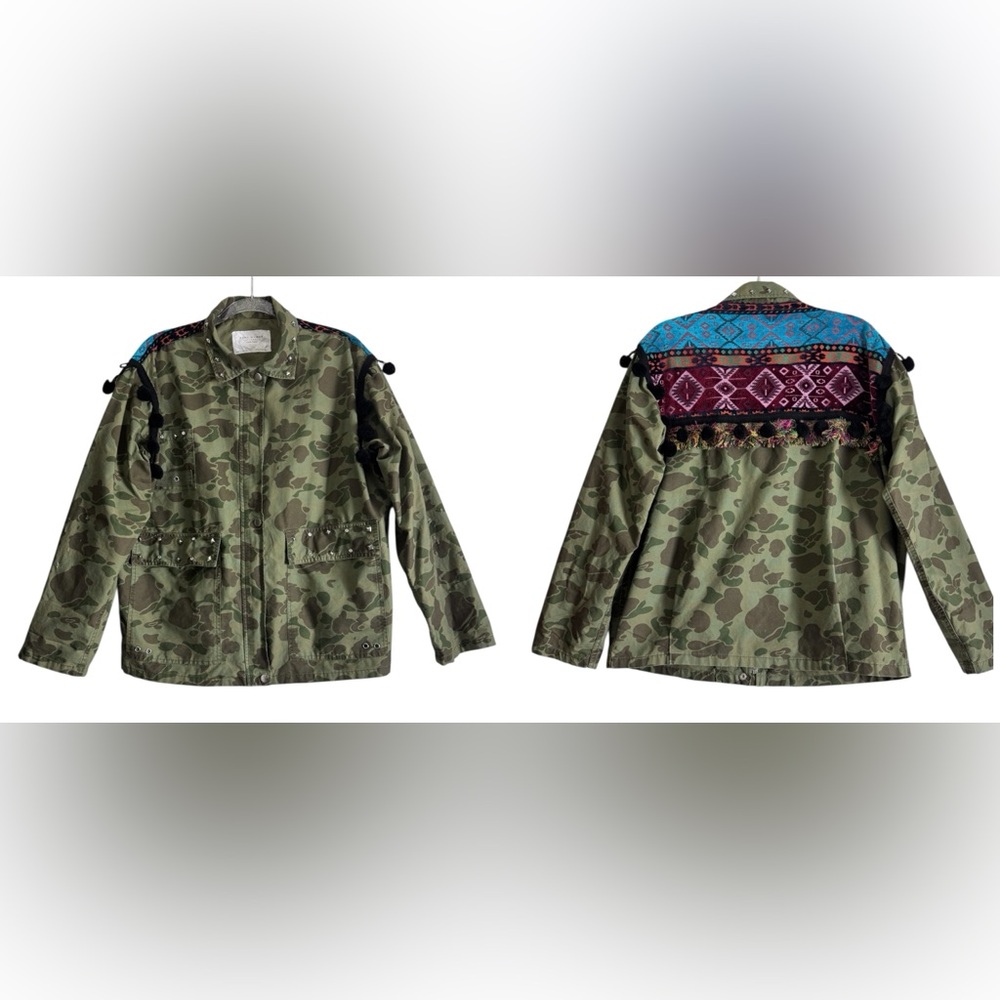 Zara Camouflage Studded Aztec Print Pom Pom Parka Jacket Size M